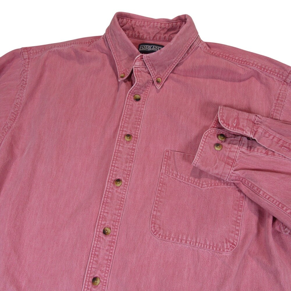 Vintage Lands End Mens Button Down Denim Shirt XL Red 100% Cotton Pocket USA